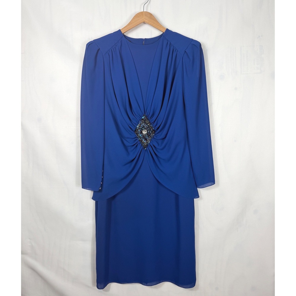 Vintage 80s Ursula of Switzerland Blue Sequin Dress Womens 11/12 Fits Modern 6/8